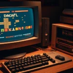 Retro PC gaming setup with CRT monitor displaying classic game interface, mechanical keyboard, and vintage computer hardware in atmospheric lighting
