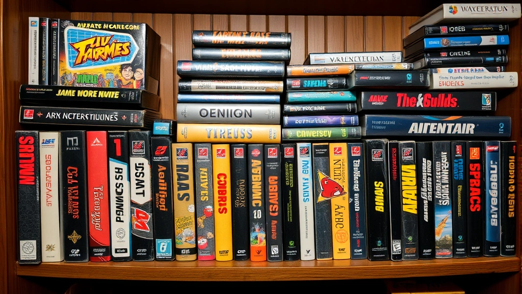 Vintage PC gaming collection featuring colorful game boxes and manuals arranged on wooden shelf with nostalgic warm lighting and dust particles