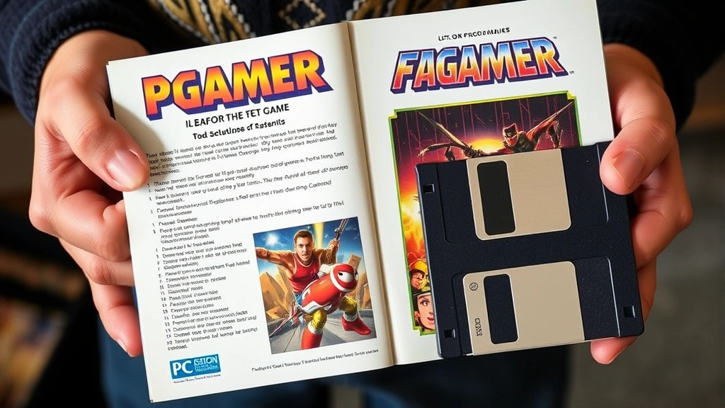 Close-up of hands holding original PC game manual and floppy disks with iconic 1990s game artwork and packaging design