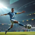 Professional footballer executing precise passing technique during intense match, realistic stadium lighting with crowd atmosphere, South American football aesthetic, photorealistic graphics quality