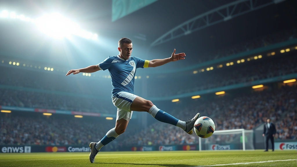 Professional footballer executing precise passing technique during intense match, realistic stadium lighting with crowd atmosphere, South American football aesthetic, photorealistic graphics quality