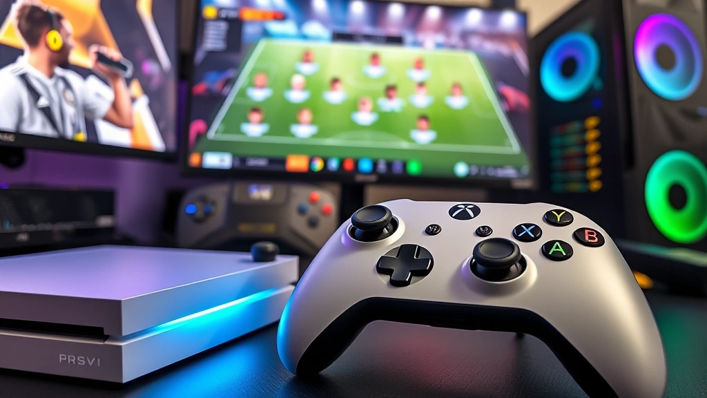 Gaming console controller and PC gaming setup with football game displayed on monitor showing Ecuador team lineup, professional gaming environment with RGB lighting, high-end gaming peripherals visible