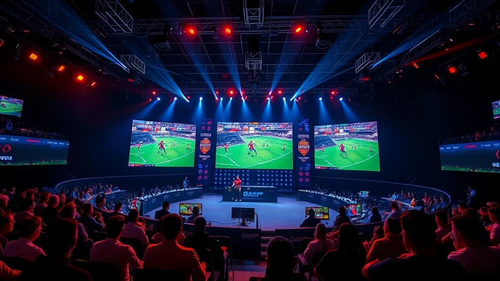 Competitive esports tournament stage with professional gamers playing football video games, large screens displaying gameplay, audience watching intently, professional esports venue atmosphere, dramatic lighting