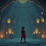 Retro pixel art character standing in contemplative pose inside a mysterious stone chamber with glowing runes on walls, warm lighting, photorealistic quality