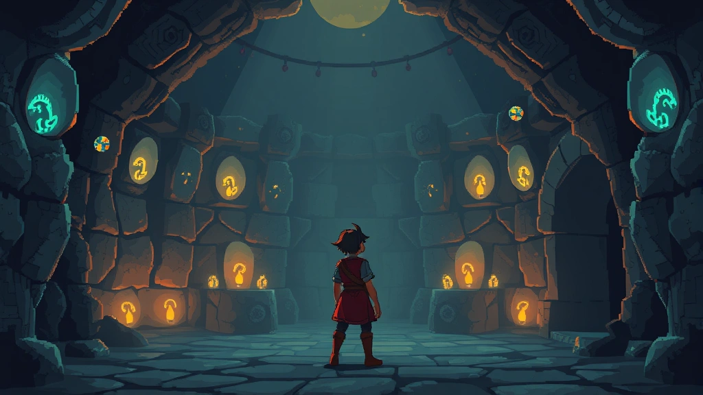 Retro pixel art character standing in contemplative pose inside a mysterious stone chamber with glowing runes on walls, warm lighting, photorealistic quality