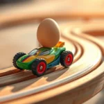 Close-up of a small egg balanced on top of a colorful toy car on a winding wooden track, morning sunlight casting shadows, photorealistic detail showing the egg's delicate surface and the car's glossy paint