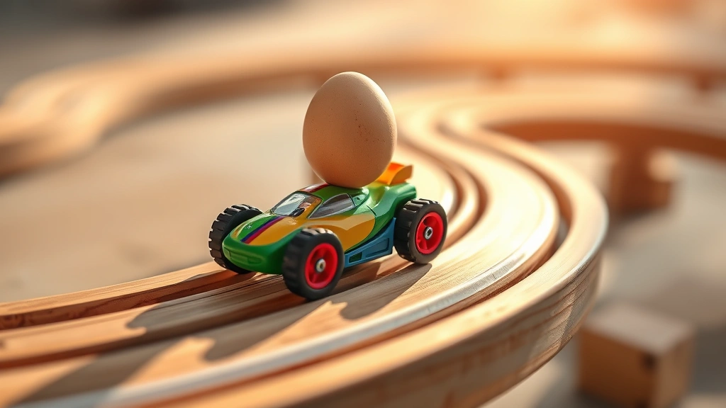 Close-up of a small egg balanced on top of a colorful toy car on a winding wooden track, morning sunlight casting shadows, photorealistic detail showing the egg's delicate surface and the car's glossy paint