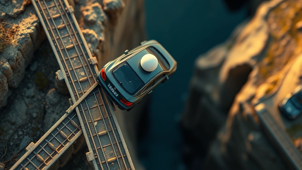 Bird's eye view of a miniature car navigating a precarious narrow bridge over a gap, the egg visible on the vehicle's roof, realistic lighting and depth of field emphasizing the height and danger