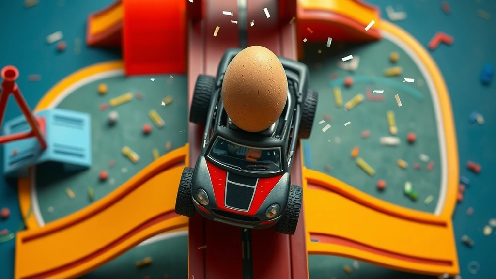 Overhead shot of a toy car successfully completing a challenging obstacle course with ramps, turns, and platforms, the egg still intact on top, victory pose with confetti-like particles in the air