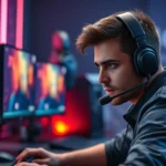 Professional gamer at custom gaming desk with multiple monitors and gaming peripherals, intense focused expression, RGB lighting in background, photorealistic high detail