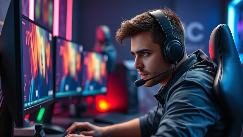 Professional gamer at custom gaming desk with multiple monitors and gaming peripherals, intense focused expression, RGB lighting in background, photorealistic high detail