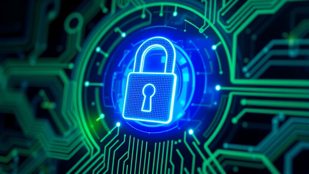 Secure digital lock icon with glowing blue and green cybersecurity elements, abstract tech background with circuit patterns, no text elements, photorealistic render