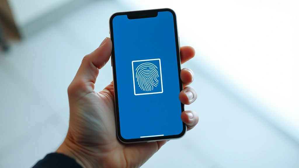 Person holding smartphone with security authentication screen, fingerprint scanner visible, modern minimalist interface, soft professional lighting, no UI text visible