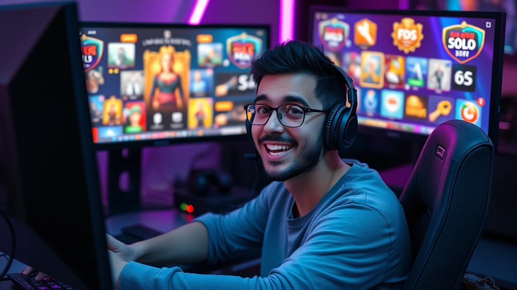 Gamer sitting at PC gaming setup with multiple monitors displaying colorful game tiles and discount badges, neon lighting, photorealistic, excited expression