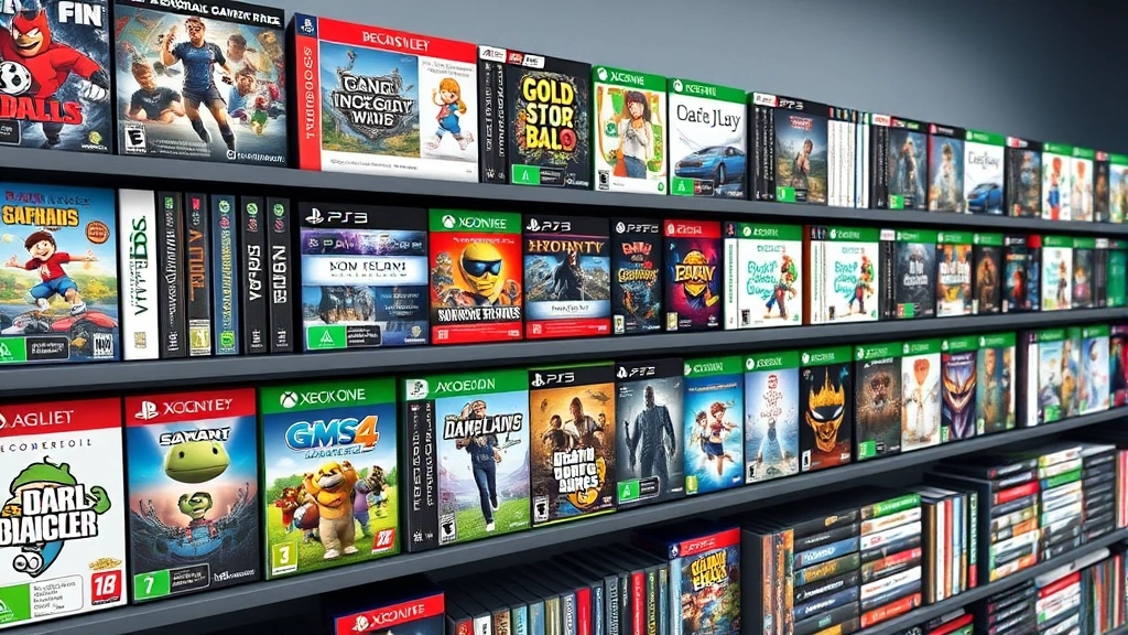 Collection of popular video game boxes and digital game covers displayed on virtual shelf, vibrant colors, diverse game genres visible, photorealistic gaming library