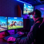 Professional gamer streaming Fortnite battle royale gameplay on high-end gaming setup with RGB lighting, multiple monitors displaying real-time action, intense competitive moment captured photorealistically