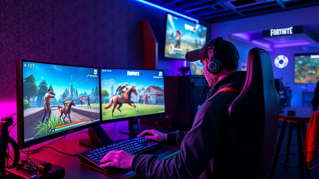 Professional gamer streaming Fortnite battle royale gameplay on high-end gaming setup with RGB lighting, multiple monitors displaying real-time action, intense competitive moment captured photorealistically