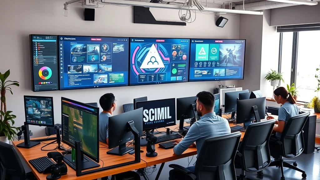 Diverse group of developers collaborating in modern gaming studio office with large screens displaying game development tools, creative workspace with gaming peripherals and technology