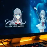 Close-up of a glowing computer monitor displaying a visual novel interface with beautiful anime-style character art and dialogue text, warm soft lighting, cozy gaming setup with mechanical keyboard visible, photorealistic details