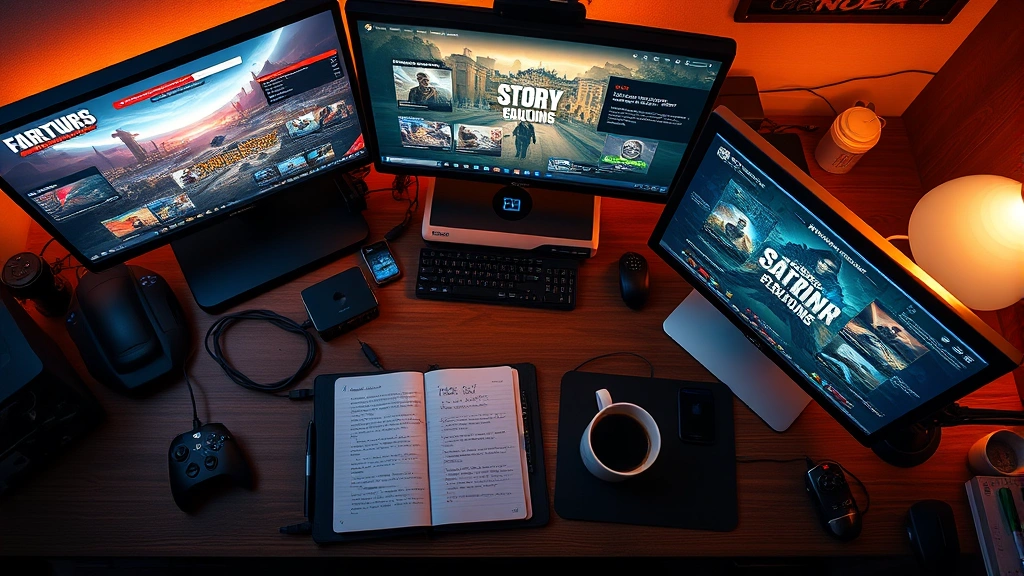 Overhead view of a gaming desk setup with multiple monitors showing different story game interfaces, scattered gaming peripherals, coffee mug, notebook with story notes, warm ambient lighting creating cozy atmosphere