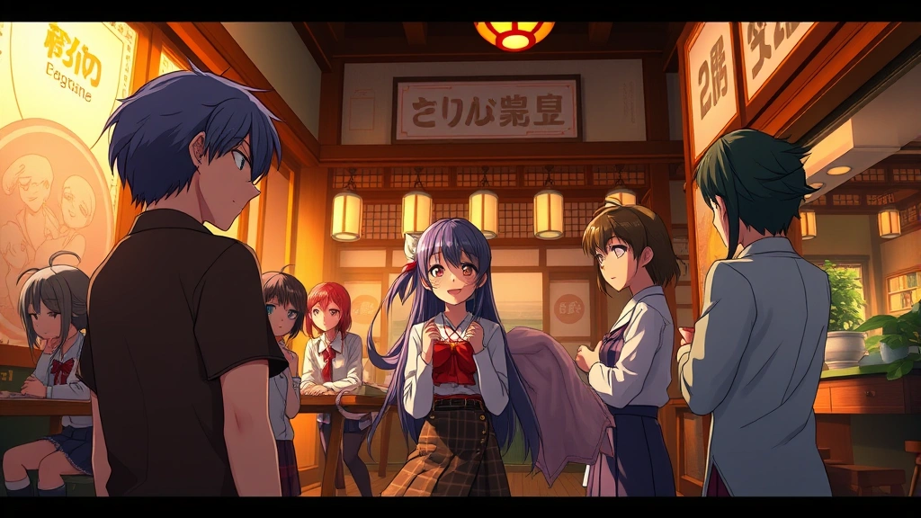 Vibrant scene of multiple anime-style characters in an intimate indoor setting with warm atmospheric lighting, detailed backgrounds showing traditional Japanese architecture with modern aesthetic touches, photorealistic rendering