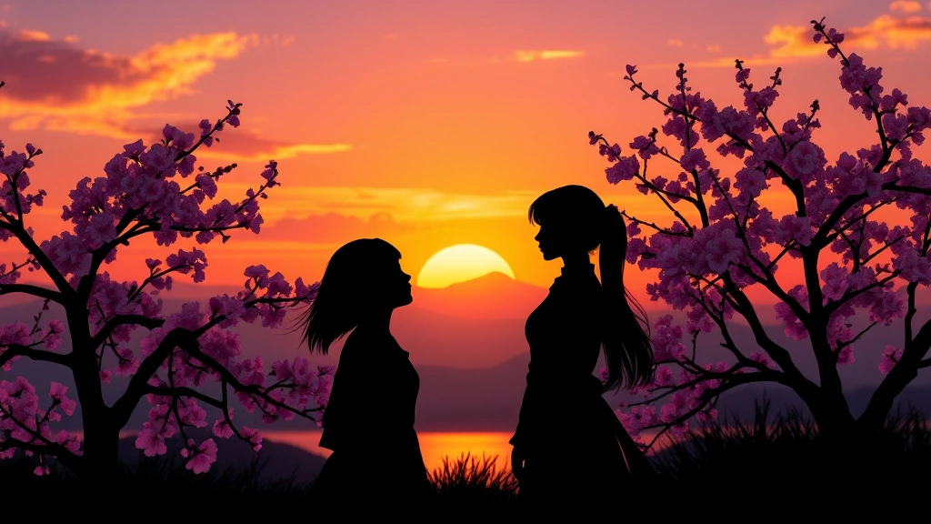Artistic composition showing character silhouettes against beautiful sunset scenery with cherry blossoms, romantic mood lighting creating depth and emotional atmosphere, clean composition without any interface elements