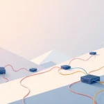Minimalist digital illustration of colorful ethernet cables connecting various network nodes and devices in an abstract geometric landscape, photorealistic lighting, clean modern aesthetic