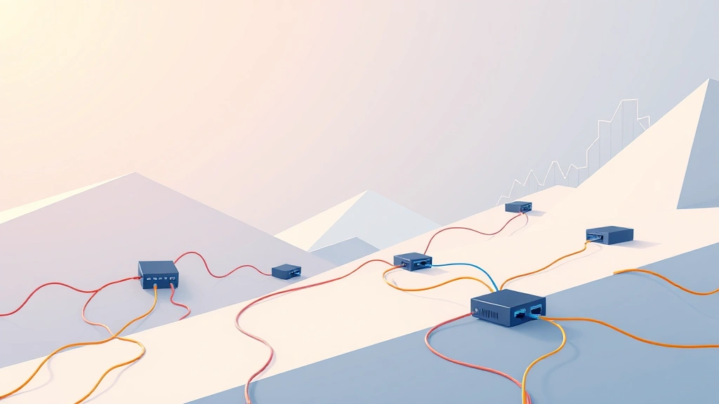 Minimalist digital illustration of colorful ethernet cables connecting various network nodes and devices in an abstract geometric landscape, photorealistic lighting, clean modern aesthetic