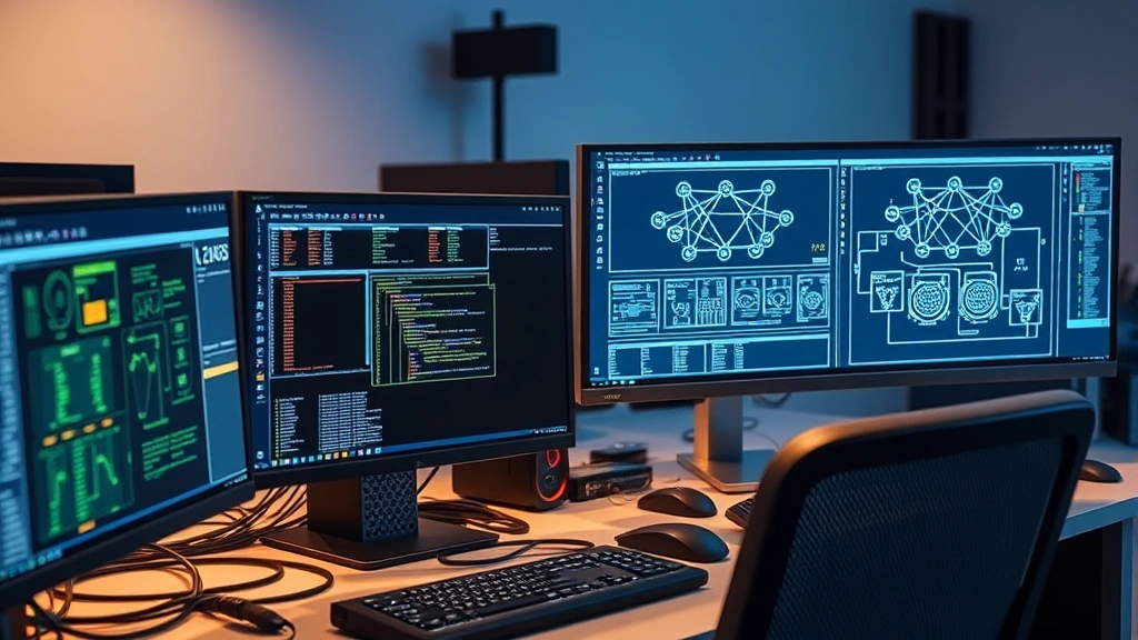 Professional network engineer workspace with multiple monitors displaying network topology diagrams, cables organized neatly, ambient office lighting, focused intensity, realistic detail