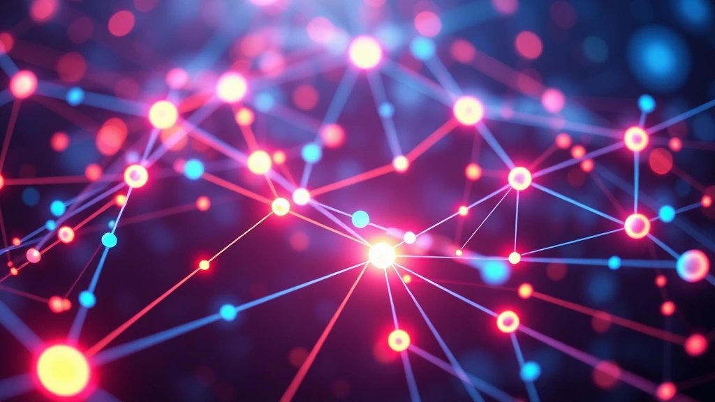 Abstract visualization of data flowing through interconnected nodes with glowing pathways representing network connections, vibrant colors, smooth digital art style, photorealistic rendering