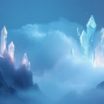 Surreal dreamscape landscape with floating crystalline structures and ethereal lighting, watercolor aesthetic with soft blues and purples, misty atmosphere, no UI elements