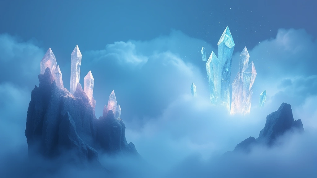 Surreal dreamscape landscape with floating crystalline structures and ethereal lighting, watercolor aesthetic with soft blues and purples, misty atmosphere, no UI elements