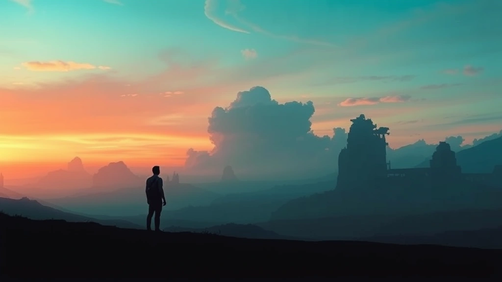 Character silhouette standing in vast emotional landscape with color-shifting sky transitioning from warm to cool tones, dreamlike environment with abstract shapes, photorealistic dreamy quality