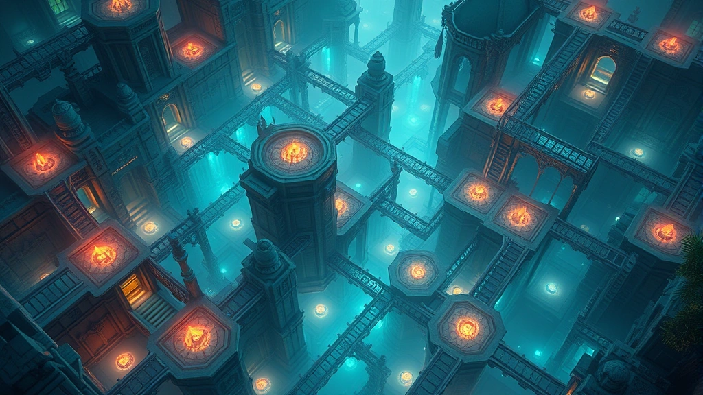 Intricate puzzle environment with interconnected pathways and glowing emotional energy nodes, bioluminescent dreamscape, architectural elements blending natural and surreal, no game interface visible