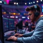 Professional esports player competing on stage with gaming PC setup, RGB lighting, multiple monitors, intense focus expression, crowded arena background with spectators watching, photorealistic modern gaming tournament venue