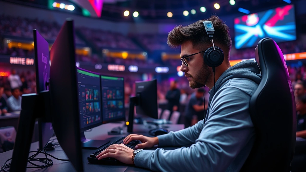 Professional esports player competing on stage with gaming PC setup, RGB lighting, multiple monitors, intense focus expression, crowded arena background with spectators watching, photorealistic modern gaming tournament venue