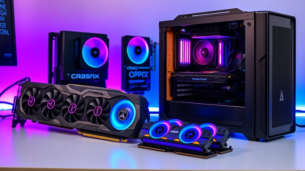 High-end gaming PC component showcase featuring graphics card, processor, RGB RAM modules, cooling system, modular power supply arranged on clean desk surface with blue and purple LED backlighting, professional product photography style