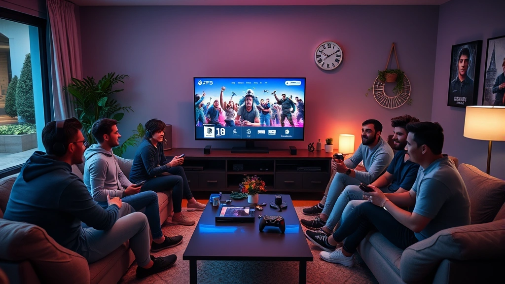 Group of diverse gamers playing together in modern living room with PlayStation 5, Xbox Series X, Nintendo Switch displayed on entertainment center, comfortable gaming setup, cozy atmosphere with ambient gaming lighting