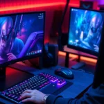 Professional gamer at high-end gaming desk with mechanical keyboard, gaming mouse, multiple RGB-lit peripherals, headset, and curved monitor showing gameplay, intense focused expression