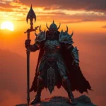 Epic fantasy warrior character in full legendary armor standing triumphantly on mountain peak at sunset, glowing weapons and magical aura, cinematic lighting, photorealistic detailed armor and equipment