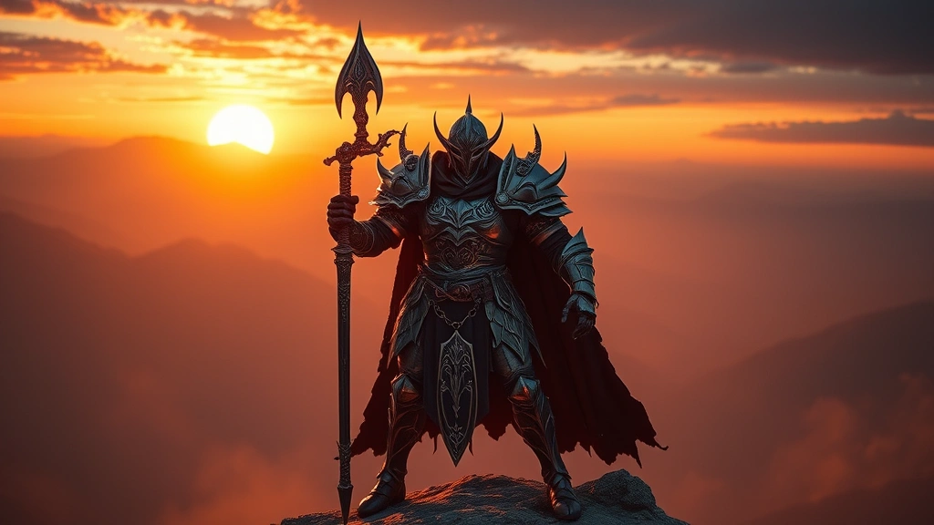 Epic fantasy warrior character in full legendary armor standing triumphantly on mountain peak at sunset, glowing weapons and magical aura, cinematic lighting, photorealistic detailed armor and equipment