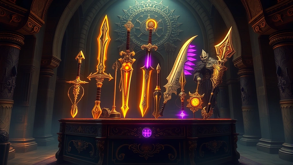 Legendary glowing weapons and armor pieces displayed on ornate pedestal in mystical vault, gold and purple magical auras, intricate detailed craftsmanship, treasure chamber setting with dramatic backlighting