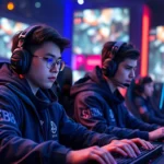 Professional esports players competing in a high-stakes tournament, sitting at gaming PCs with RGB lighting, intense focused expressions, modern gaming arena with large screens displaying gameplay, photorealistic