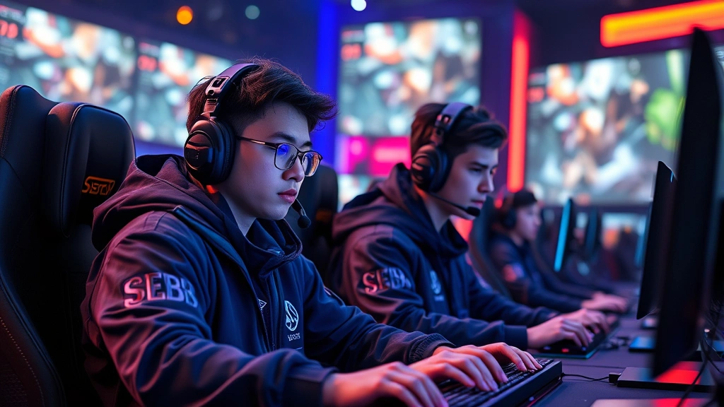 Professional esports players competing in a high-stakes tournament, sitting at gaming PCs with RGB lighting, intense focused expressions, modern gaming arena with large screens displaying gameplay, photorealistic