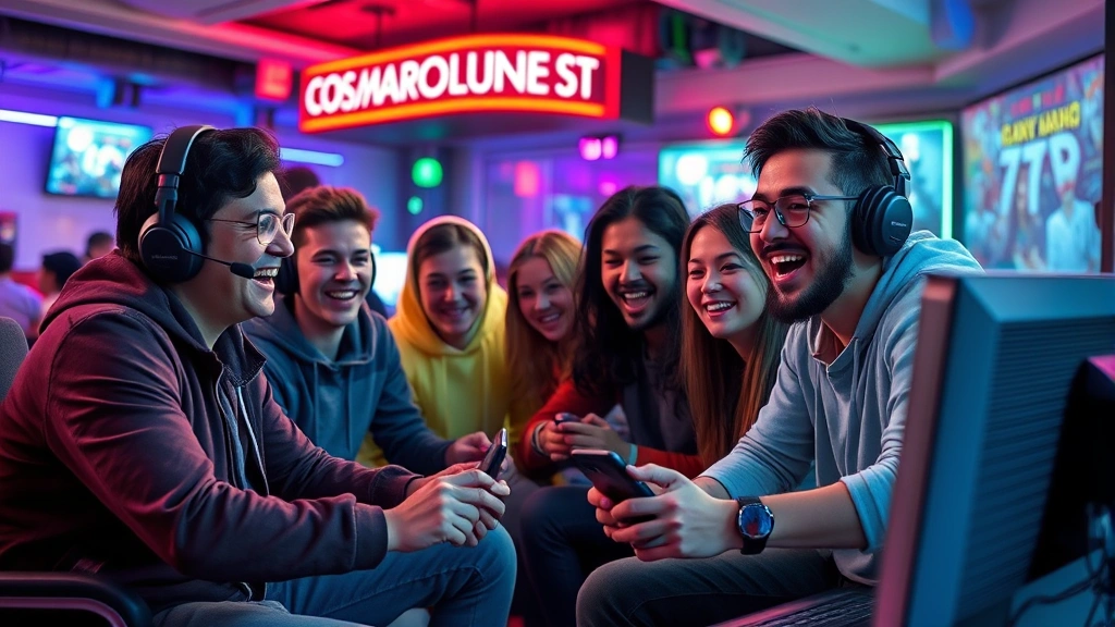 Diverse group of gamers of different ages and backgrounds playing together in a vibrant gaming lounge, laughing and celebrating victory, colorful neon lighting, casual comfortable atmosphere, photorealistic