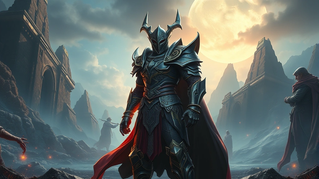 Epic fantasy RPG character in stunning armor standing in a magical landscape with glowing effects and otherworldly environment, dynamic action pose, breathtaking fantasy world scenery, photorealistic