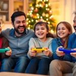 Family of four laughing while playing video games together on a couch during Christmas, colorful game controller in hands, Christmas tree twinkling in background, warm holiday lighting, genuine joy and connection