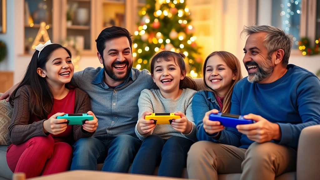 Family of four laughing while playing video games together on a couch during Christmas, colorful game controller in hands, Christmas tree twinkling in background, warm holiday lighting, genuine joy and connection