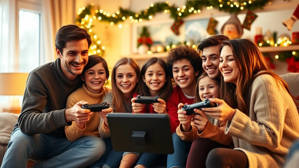 Group of mixed-age family members gathered around a gaming console, some holding controllers, holiday decorations visible, festive atmosphere with warm golden lighting, moment of celebration and shared fun