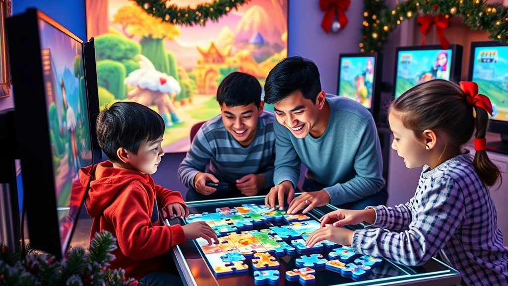 Parents and children cooperatively solving puzzles in a colorful game world, screens showing vibrant fantasy landscapes, teamwork moment captured, holiday ornaments and decorations surrounding the gaming setup